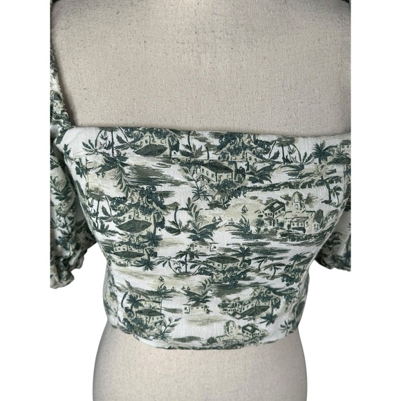 Abercrombie & Fitch Scenic Print Linen Blend Puff Sleeve Cropped Blouse Small - Picture 3 of 10